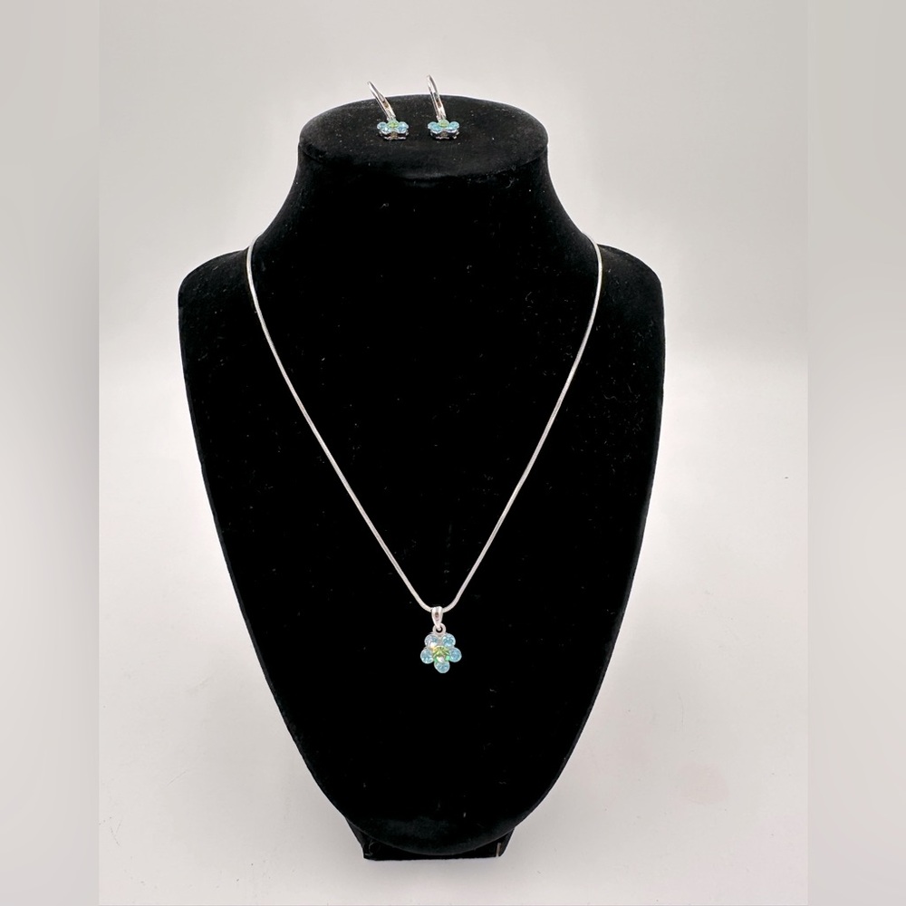 Cookie Lee Flower Rhinestone Necklace and Earrings. Silver-Toned